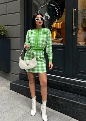 Yeşil Kareli Triko Mini Elbise - Görsel 3