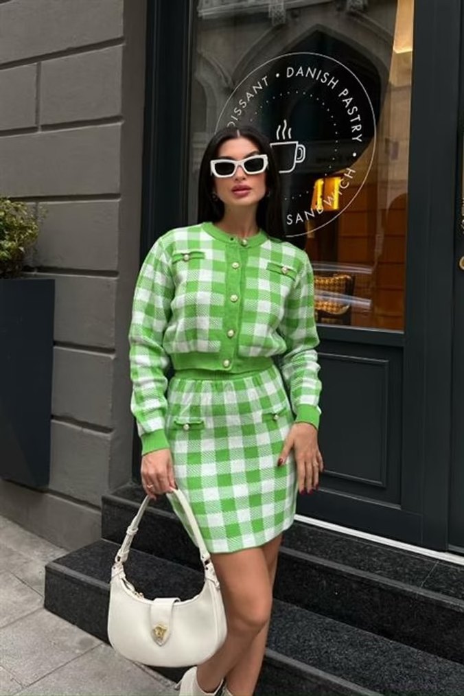 Yeşil Kareli Triko Mini Elbise - Görsel 2