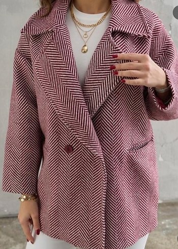 Bordo Çizgili Midi Kadın Kaban - Görsel 2