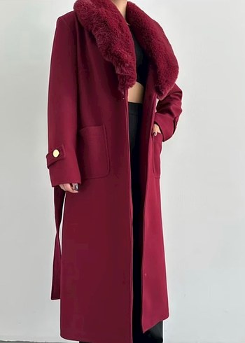 Bordo Uzun Kürklü Kadın Kaban - Görsel 5
