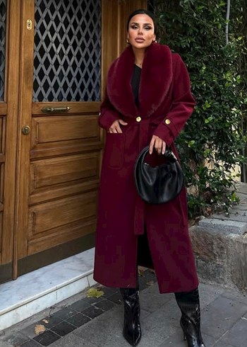 Bordo Uzun Kürklü Kadın Kaban - Görsel 2