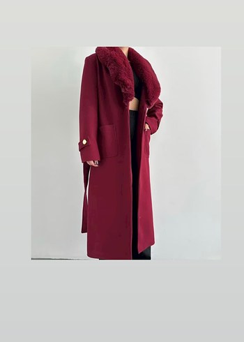 Bordo Uzun Kürklü Kadın Kaban - Görsel 4