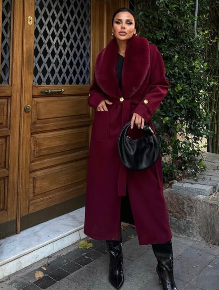 Bordo Uzun Kürklü Kadın Kaban - Görsel 2