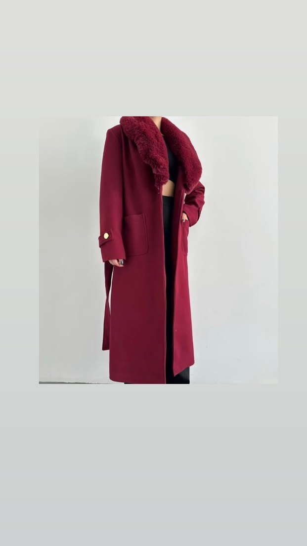 Bordo Uzun Kürklü Kadın Kaban - Görsel 4