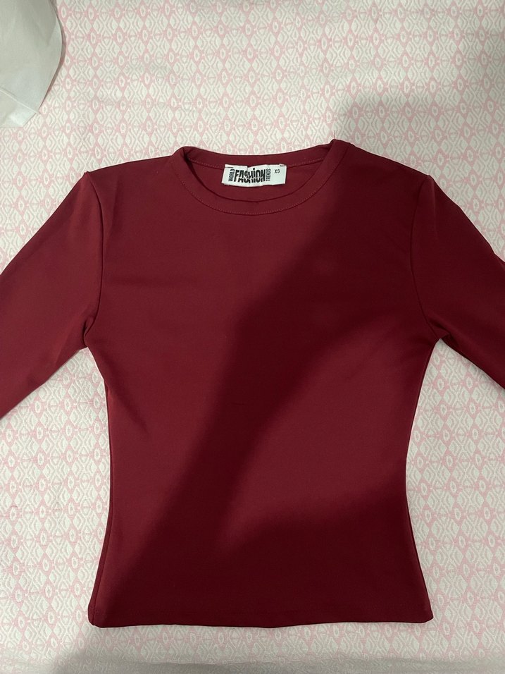 Bordo Uzun Kollu Dar Kesim Bluz - Görsel 2