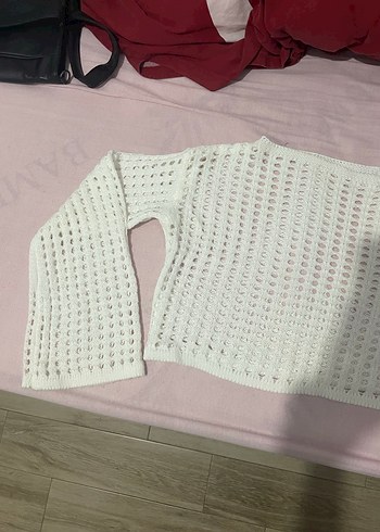 Beyaz Örgü Kadın Triko Bluz - Görsel 3