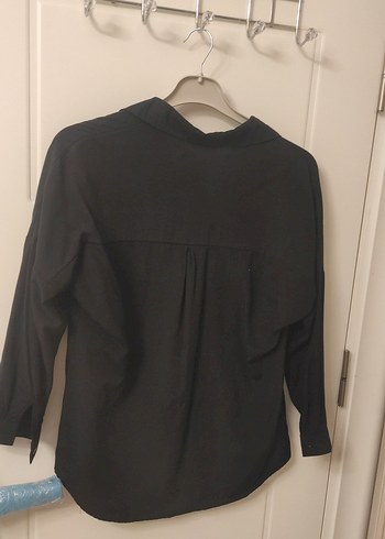 Kadın Siyah Keten Uzun Kollu Gömlek - Görsel 4