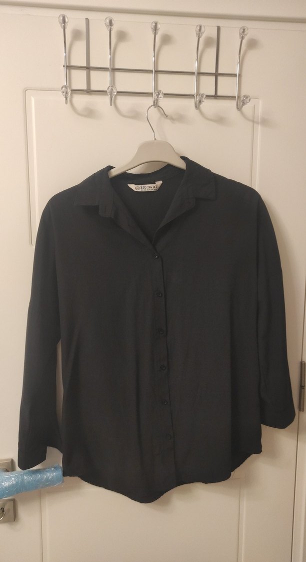 Kadın Siyah Keten Uzun Kollu Gömlek - Görsel 2