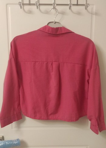 Düğmeli Pembe Kadın Keten Gömlek - Görsel 4