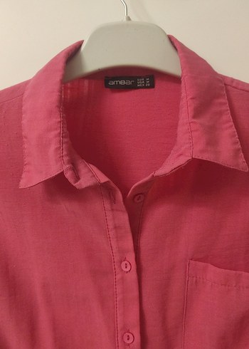 Düğmeli Pembe Kadın Keten Gömlek - Görsel 3