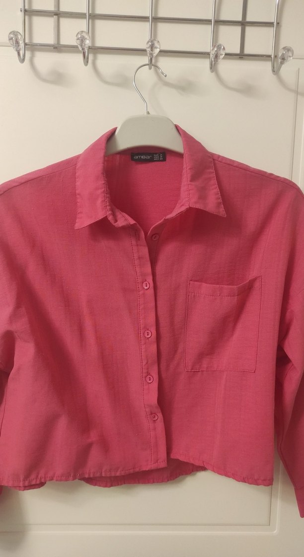 Düğmeli Pembe Kadın Keten Gömlek - Görsel 2