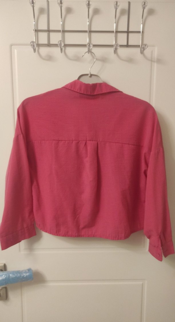 Düğmeli Pembe Kadın Keten Gömlek - Görsel 4