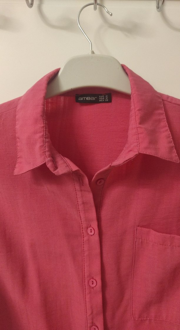 Düğmeli Pembe Kadın Keten Gömlek - Görsel 3