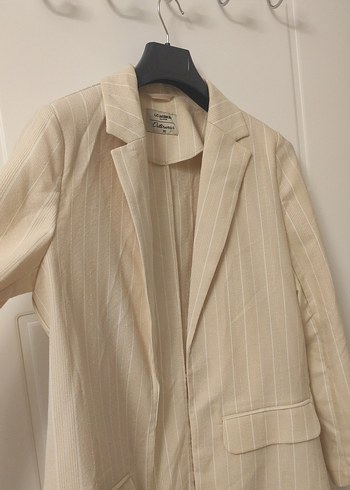 Bej Düğmeli vatkalı Kadın Midi Blazer Ceket - Görsel 5