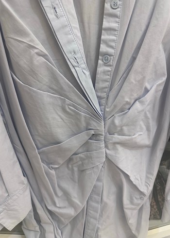 İpekyol Ucuk Mavi V Yaka Keten Pilili Uzun Kadın Gömlek - Görsel 3