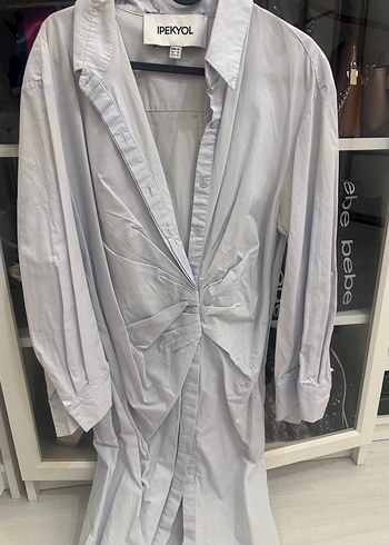 İpekyol Ucuk Mavi V Yaka Keten Pilili Uzun Kadın Gömlek - Görsel 2