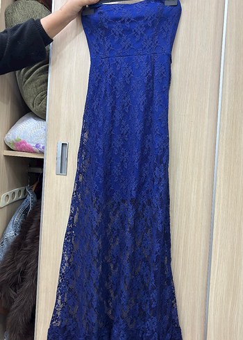 Mavi Dantel Straplez Uzun Abiye Elbise - Görsel 2