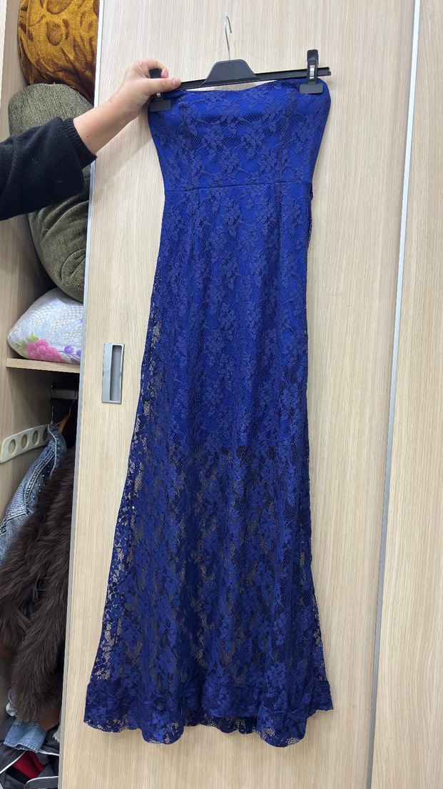 Mavi Dantel Straplez Uzun Abiye Elbise - Görsel 2