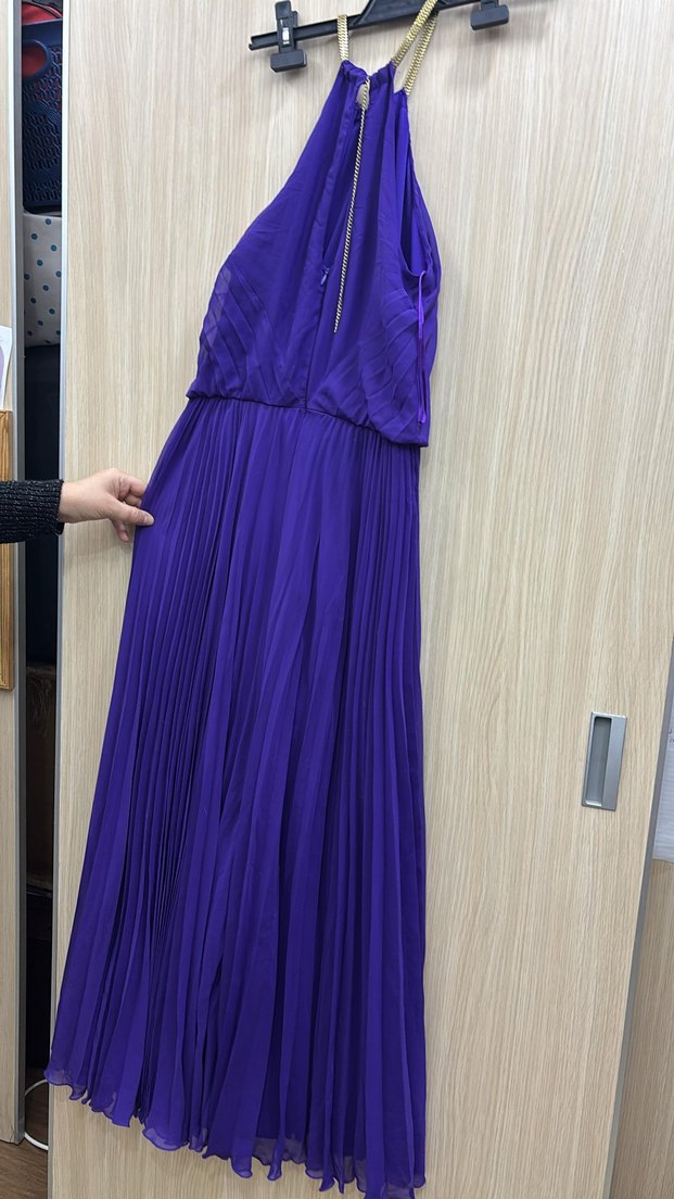 Mor Uzun Pilil sifon Elbise - Görsel 2