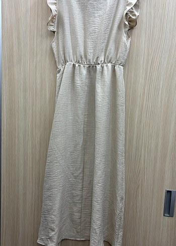 kremV Yakalı Uzun Keten Elbise - Görsel 2