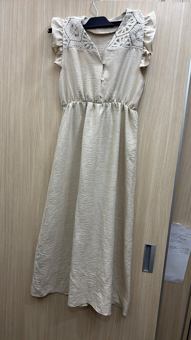 kremV Yakalı Uzun Keten Elbise - Görsel 3