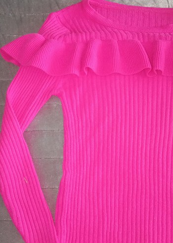 Pembe Fırfırlı Boğazlı Triko Kazak - Görsel 2