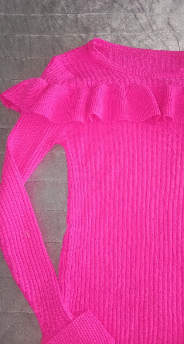 Pembe Fırfırlı Boğazlı Triko Kazak - Görsel 2