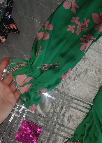 Yeşil Çiçek Desenli Uzun Bohem Elbise - Görsel 3