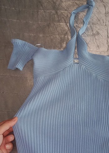 Mavi V Yaka Midi Triko Elbise - Görsel 3