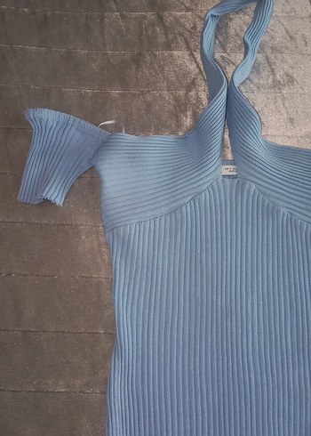 Mavi V Yaka Midi Triko Elbise - Görsel 2