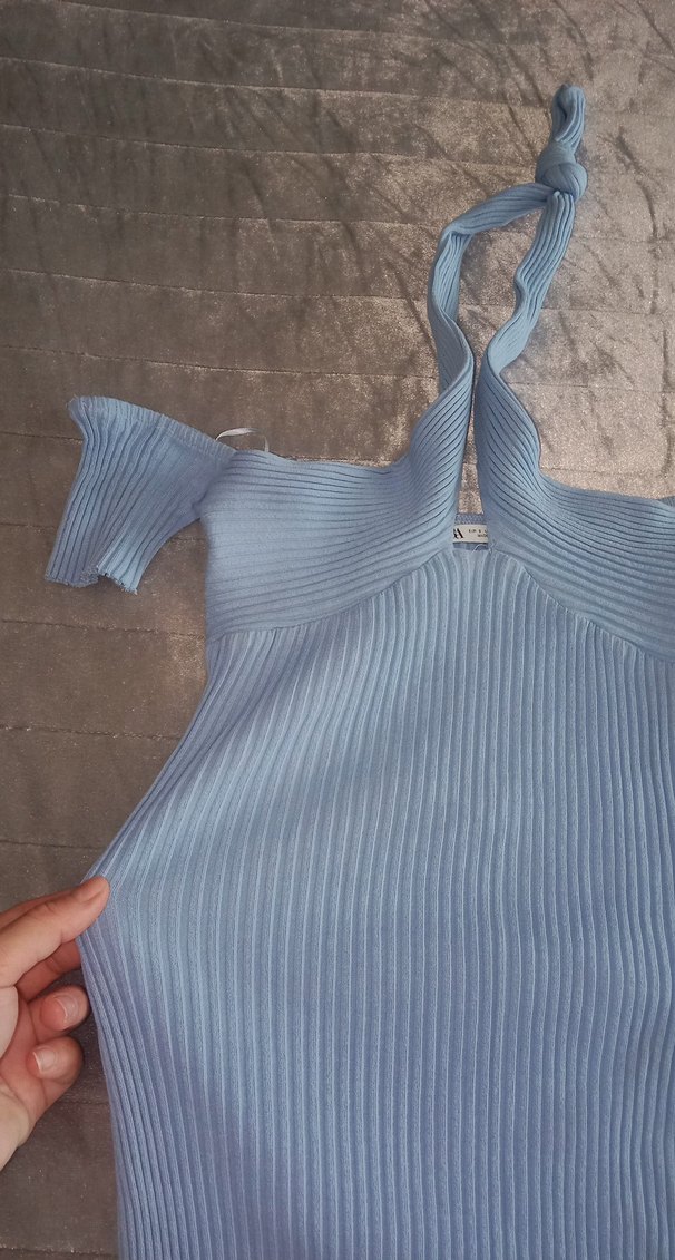 Mavi V Yaka Midi Triko Elbise - Görsel 3