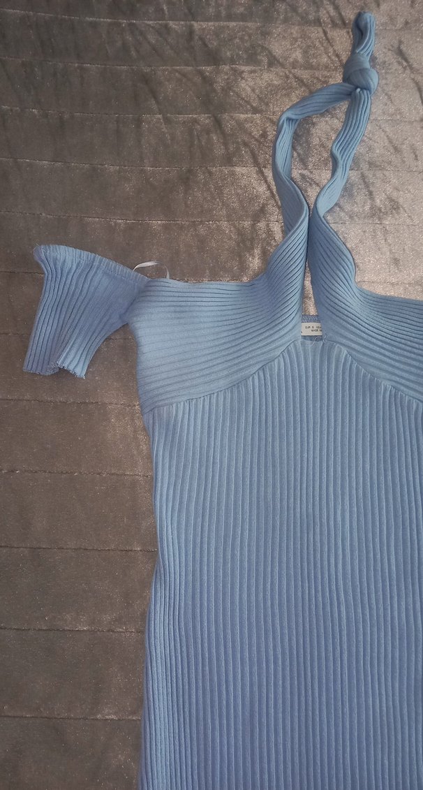 Mavi V Yaka Midi Triko Elbise - Görsel 2