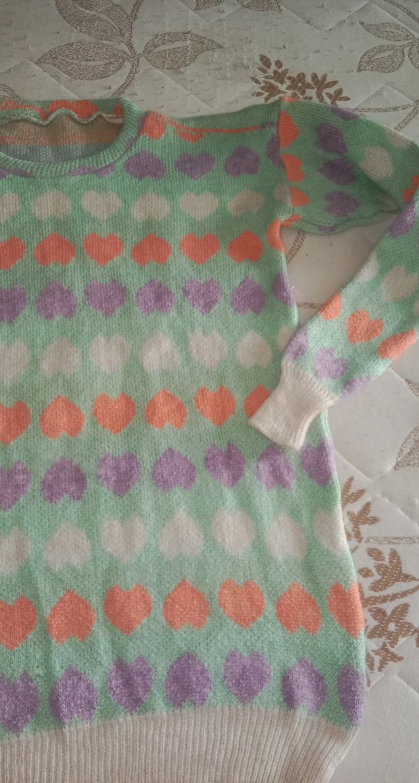 Renkli Kalp Desenli Örgü Kadın Kazak - Görsel 2