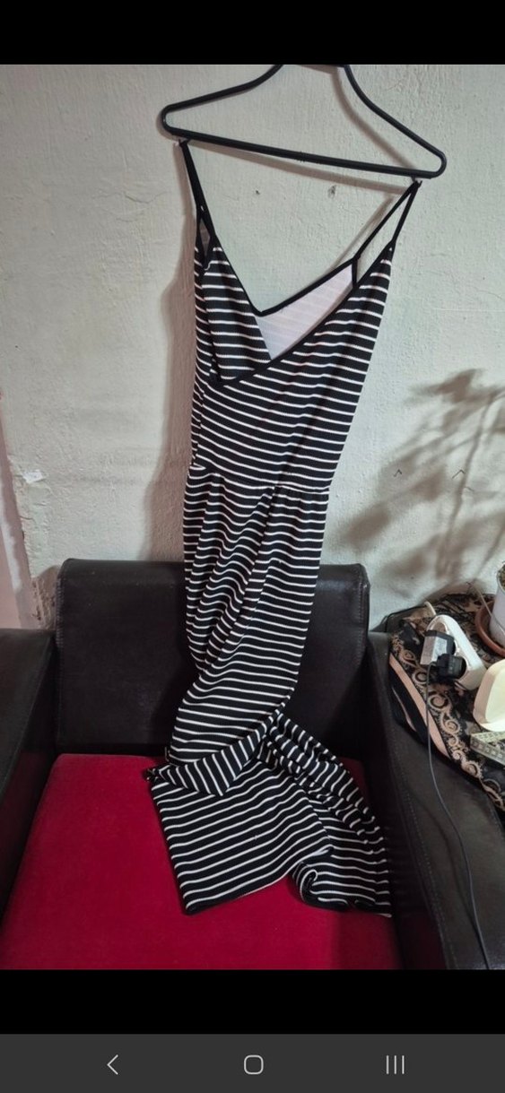 Siyah Beyaz Çizgili Uzun Kadın Tulum - Görsel 2