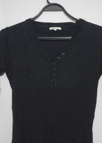 Düğmeli V Yaka Siyah Triko Kadın Kazak - Görsel 2