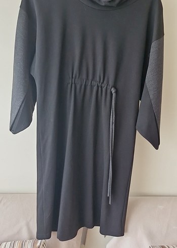 bel detaylı siyah füme triko kumaş elbise - Görsel 2