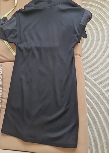 bel detaylı siyah füme triko kumaş elbise - Görsel 5