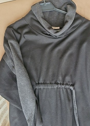 bel detaylı siyah füme triko kumaş elbise - Görsel 3