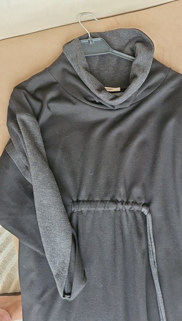 bel detaylı siyah füme triko kumaş elbise - Görsel 3