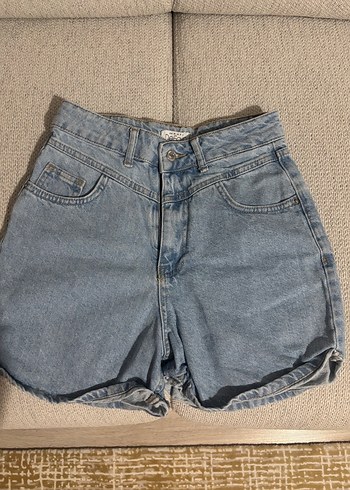 Gri Mavi Bol Kesim Mini Denim Şort