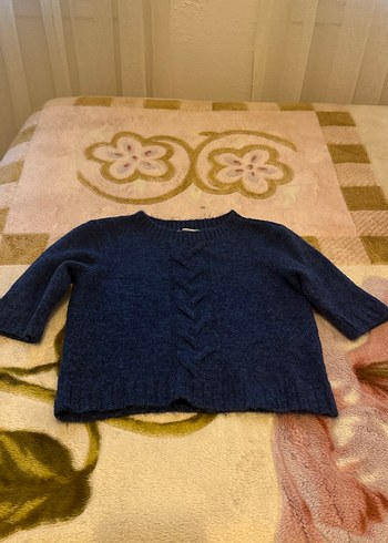 Mavi triko uzun kollu kadın kazak - Görsel 3