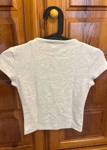 Kadın Gri Kısa Kollu Keten Tişört - Görsel 3