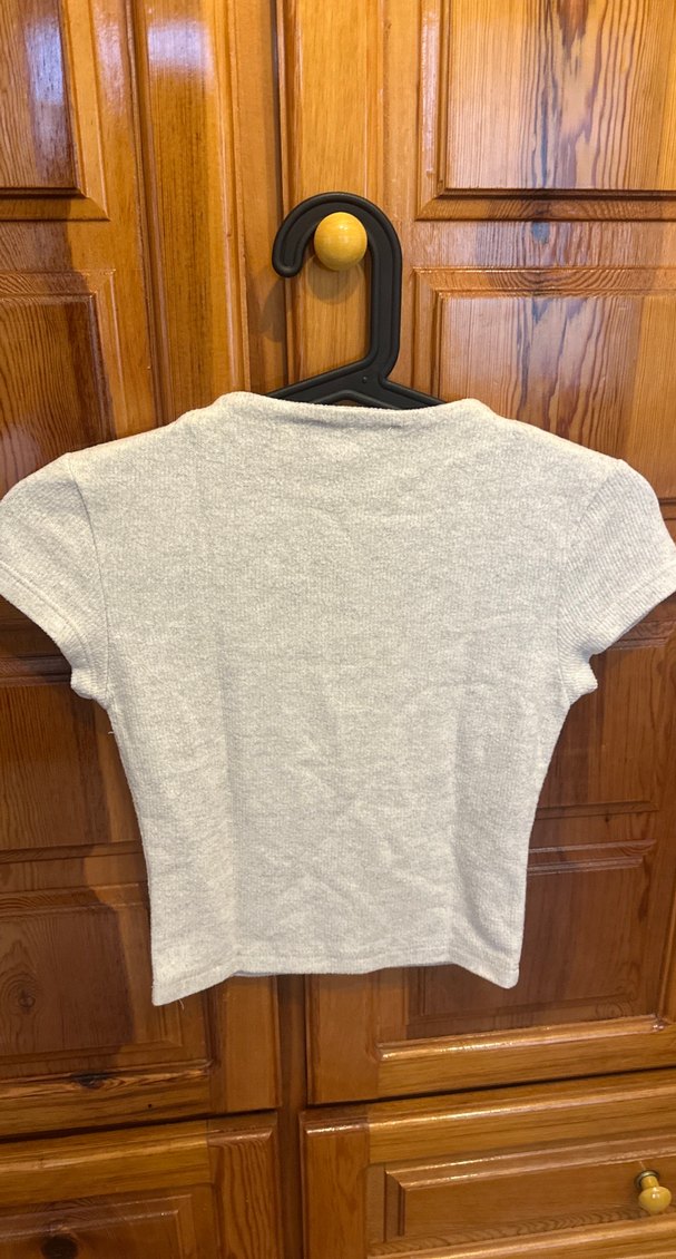 Kadın Gri Kısa Kollu Keten Tişört - Görsel 3