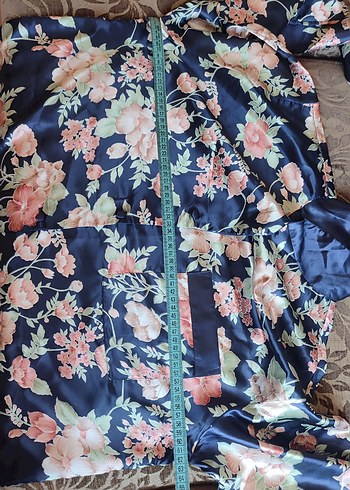 xl Beden F.K Düğmeli Lacivert Çiçek Desenli Saten Pijama takım