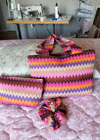 3 parça Renkli Örgü Bohem Kadın Çanta Seti - Görsel 4