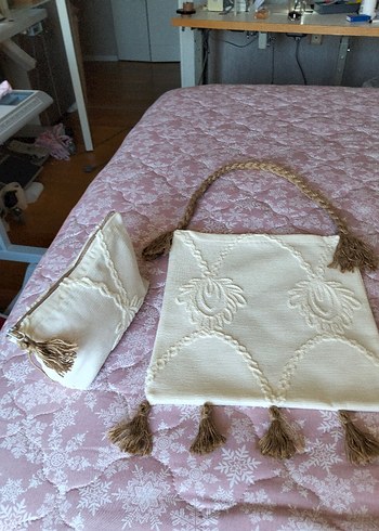 Püsküllü Bej Nakışlı Bohem Çanta seti - Görsel 5