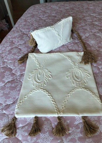 Püsküllü Bej Nakışlı Bohem Çanta seti - Görsel 3