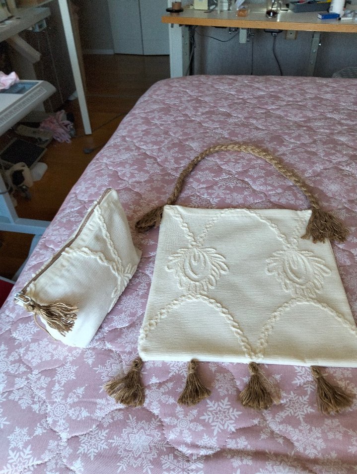 Püsküllü Bej Nakışlı Bohem Çanta seti - Görsel 5