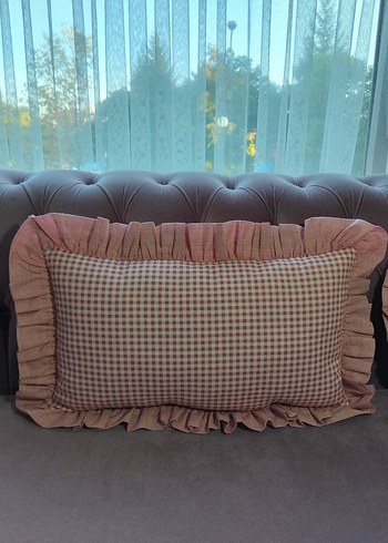 BONCUK ELYAF DOLGULU...Pembe Kareli Fırfırlı Yuvarlak Yastık - Görsel 17