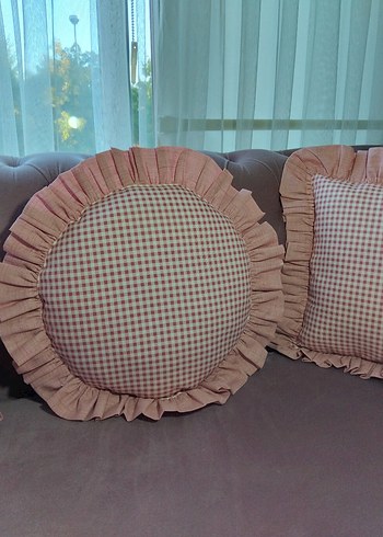 BONCUK ELYAF DOLGULU...Pembe Kareli Fırfırlı Yuvarlak Yastık - Görsel 18